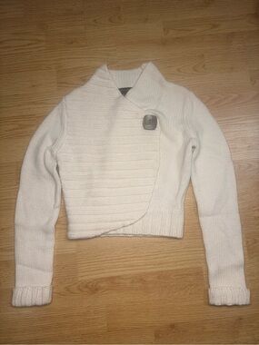Asymmetric Cropped Cream Knit Shawl-Collar Cardigan Sweater